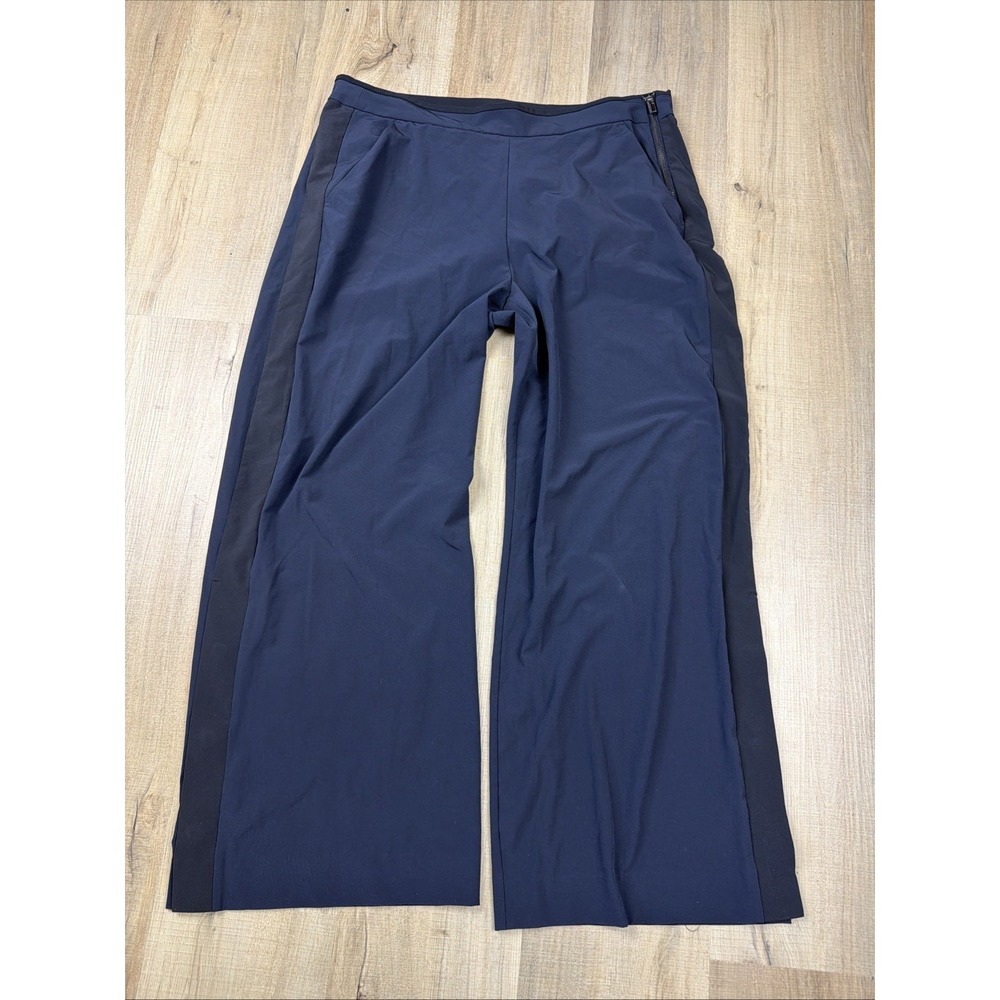 Athleta Luxe Gramercy Wide Leg Track Pants Women's Size 12 Navy Blue Side Zip